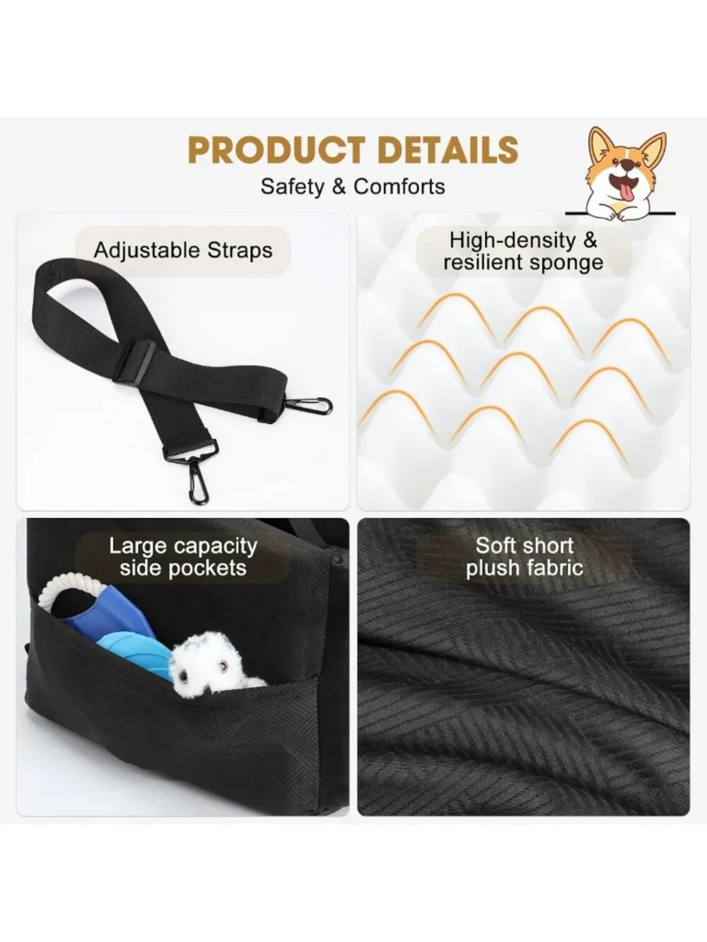 Cozy Dog Car Seat for Small to Medium Pets, Washable Cover, Memory Foam, Safety